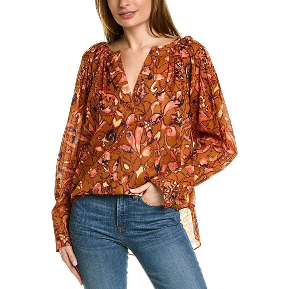 ALC $325 Nomad Long Sleeve Split Neck Brown Orange Blouse Size 4 - Picture 1 of 9